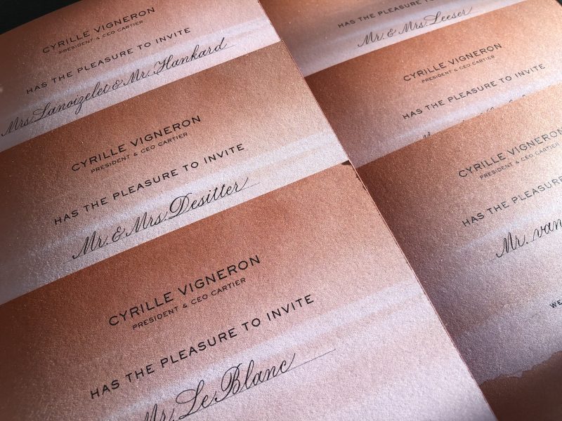 Gekalligrafeerde invites voor Cartier jan 2018